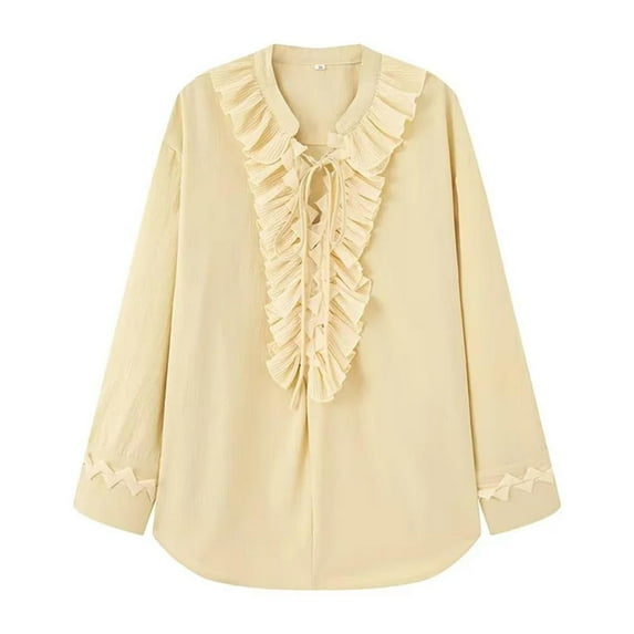 Bxsruta Tops for Women, Women's V-Neck Lace Up Blouse with Patchwork Design, Slim Fit Long Sleeve Casual Shirt Top
