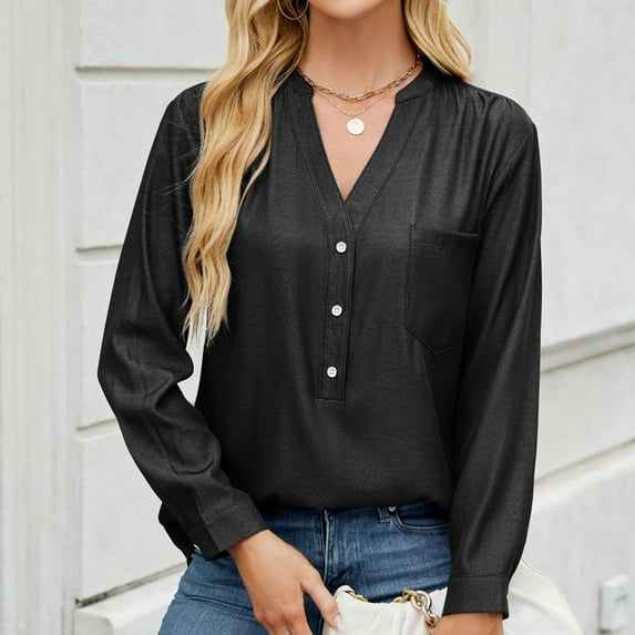 Bxsruta Tops for Women, Women's V-Neck Long Sleeve Denim Shirt, Lightweight Casual Button Blouse