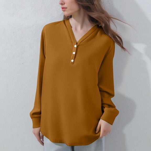 Bxsruta Tops for Women, Women's V-Neck Relaxed Fit Long Sleeve Top, Soft Polyester Blend Casual Blouses
