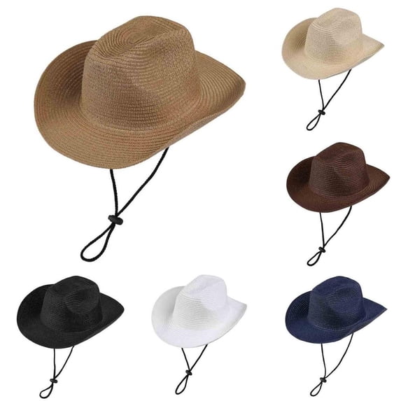 Bxsruta Unisex Adults Western Style Vintage Straw Sun Hat Breathable Adjustable Rope Travel Beach Cap