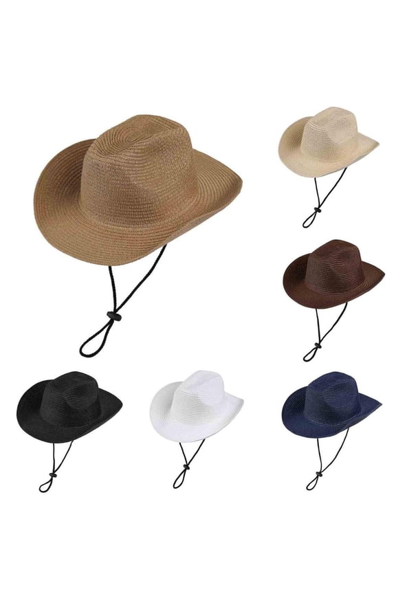 Unisex Adults Western Style Vintage Straw Sun Hat Breathable Adjustable Rope Travel Beach Cap