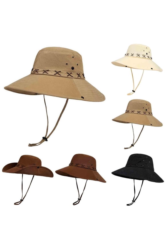 Unisex Solid Color Sun Hat for Men Women Western Style Adjustable Outdoor Rope Cap Breathable Hiking Fisherman Hat