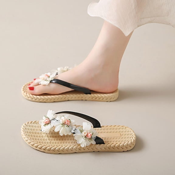 Bxsruta White Flower-Embellished Flip Flops with Decorative Centers, Woven Sole for Beach Trips & Casual Wear