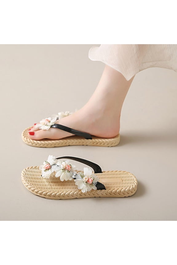 White Flower-Embellished Flip Flops with Decorative Centers, Woven Sole for Beach Trips & Casual Wear