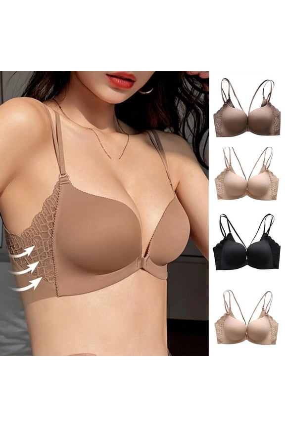 Wirefree Front Closure Push Up Bra with Lace Trim Double Thin Straps Comfort Everyday Bra T-Shirt