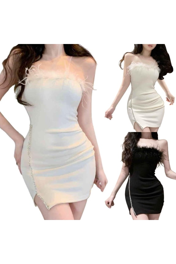 Women Cocktail Dress Feather Trim Strapless Bodycon Mini Dress with Rhinestone Split