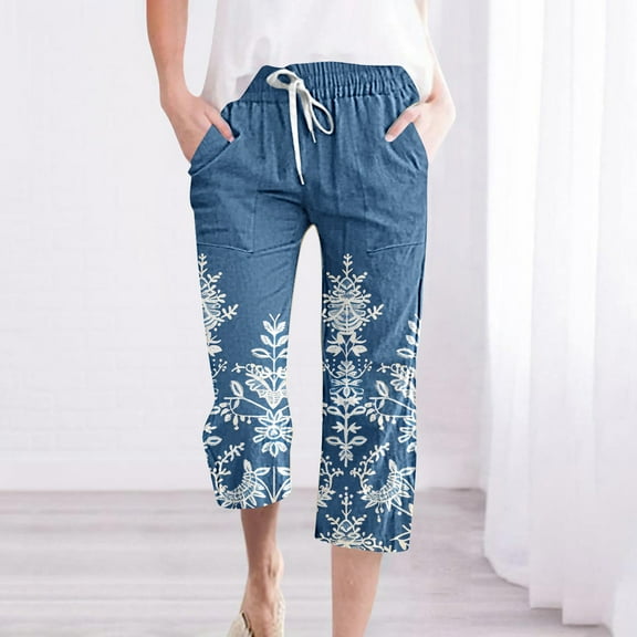 Bxsruta Women Lounge Pants Pull on Pants Floral Print Capri Casual Pants Multicolor L