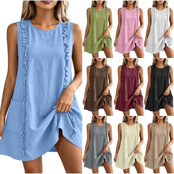 Bxsruta Women Sleeveless Ruffle Trim Mini Dress Crewneck Casual Tunic Sundress with Pockets Linen Blend Breathable Summer