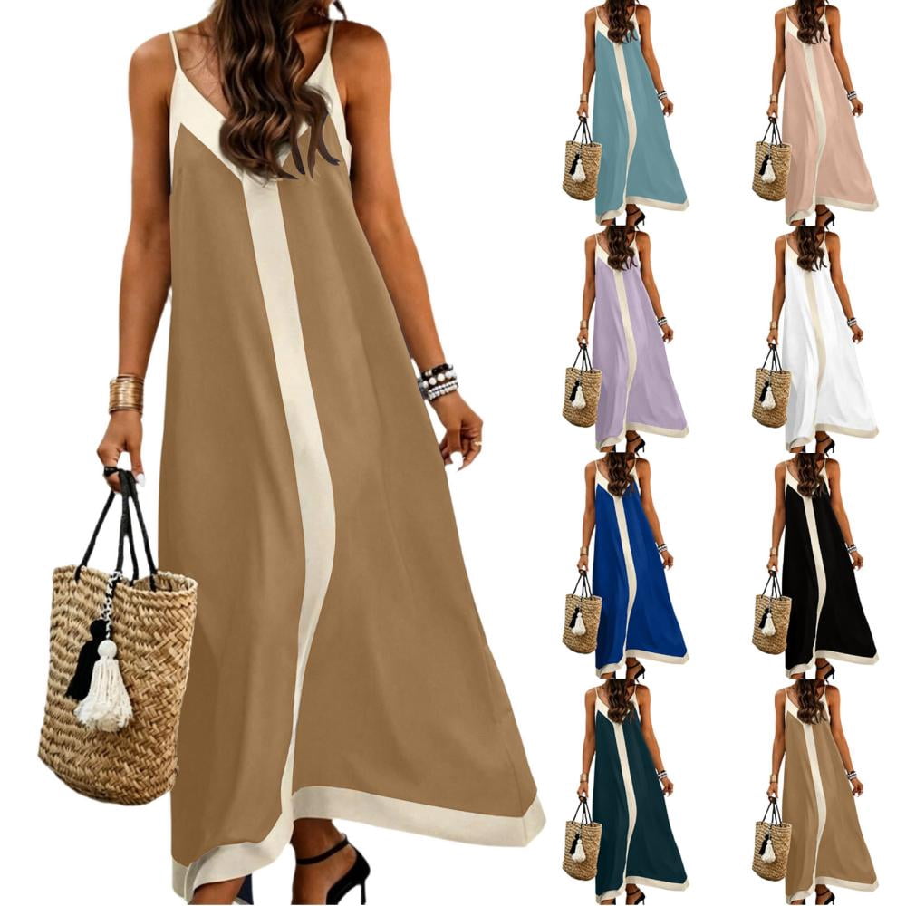 Bxsruta Women Sleeveless V Neck A Line Maxi Dress Casual Loose Flowy ...