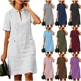 thumbnail image 1 of Bxsruta Women V Neck Short Sleeve Linen Blend Shift Dress with Pockets Casual Loose Tunic Dress for Summer Soft Breathable Lightweight Perfect for Daily Wear Relaxed Fit, 1 of 8