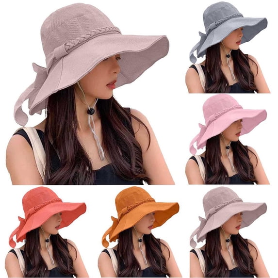 Bxsruta Women Wide Brim Sun Hat with Chin Strap and Bow Decor Foldable Travel Headwear for Summer Beach Vacation