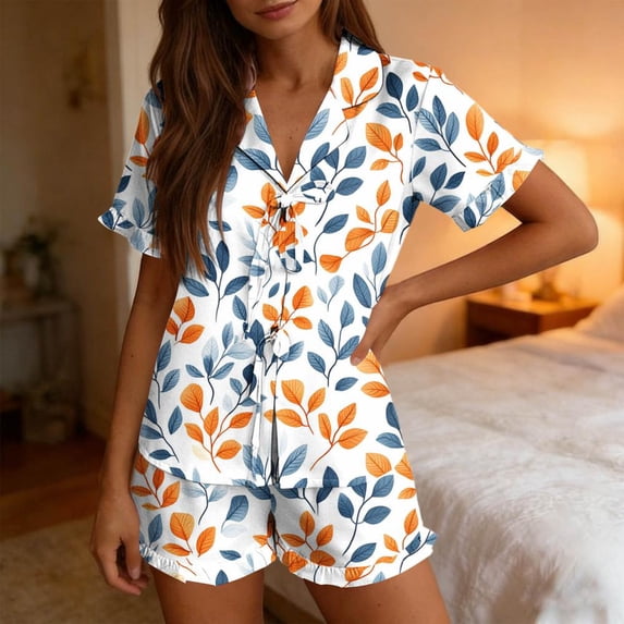 Bxsruta Women's 2 Piece Short Sleeve Button Front Pajama Set Collared Top Elastic Waist Shorts Soft Breathable Loose Fit Stretchy Lightweight Fabric Casual Loungewear Sleepwear