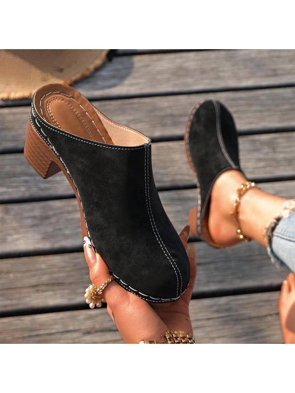 Women's Block Heel Clog Mules with Padded Footbed for Casual Office Wear, Easy Slip-On Design