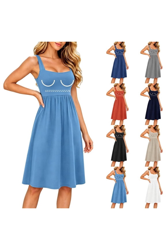 Women's Built-in Bra Square Neck Sleeveless A-Line Midi Dress with Pockets Casual Summer Flowy Tank Dress Comfortable Loose Fit Lightweight for Beach Vacation