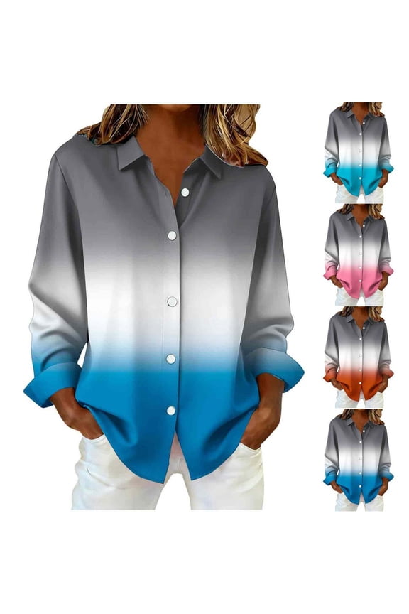 Women's Button Down Shirt Loose Fit Long Sleeve Ombre Casual Blouse Top for Daily Wear