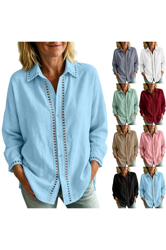 Women' s Button Front Cotton Shirt Blouse with Lace Trim Detail Casual Workwear Top