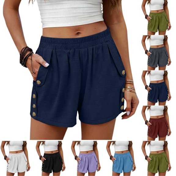 Bxsruta Women's Casual High Waist Elastic Shorts with Pockets and Decorative Buttons Cotton Spandex Wide Leg