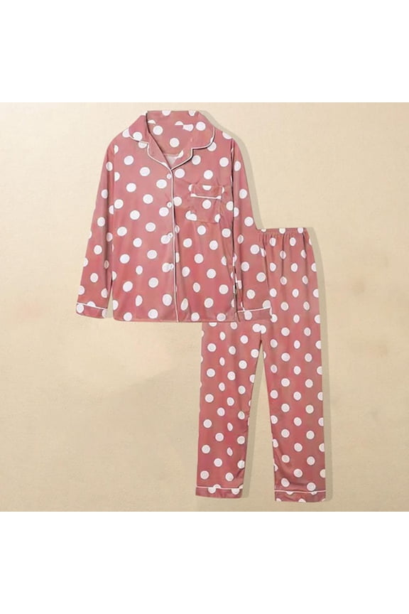Women's Casual Loose Printed Button-Front Long Sleeve Pajama Set in Soft Polyester for Sleep and Lounge Wear, 2-Piece Set