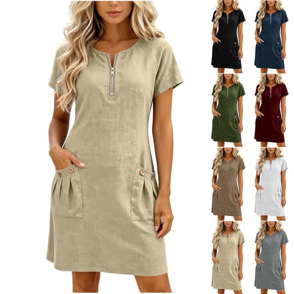 Bxsruta Women's Casual Short Sleeve Popover Dress with Zipper Mock Neck and Pockets Cocktail Length Loose Flowy Breathable Lightweight Soft Comfortable for Summer