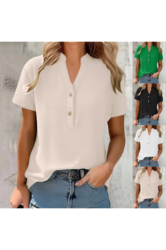 Women's Casual Short Sleeve V-Neck Button Blouse, Soft Polyester Top for Work, Daily Wear and Home, Easy Care