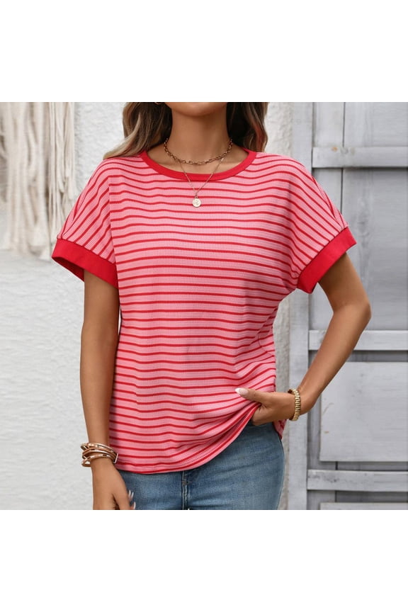 Women's Casual Stripe Long Sleeve Round-Neck Top, Soft Stretchy Polyester Spandex Blend for Daily Wear