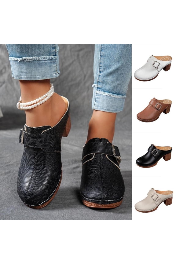 Women's Comfort Clog Mules with Adjustable Buckle and Block Heel for Casual Office Wear, All-Day Comfort Spring Summer Shoes