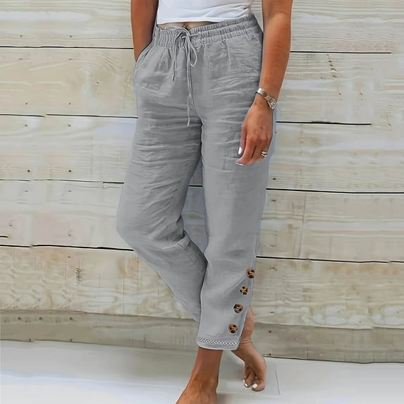Bxsruta Women's Cotton Linen Cropped Pants Elastic Waist Capris Petite Trousers Pants Lounge Pants with Pockets Gray XL