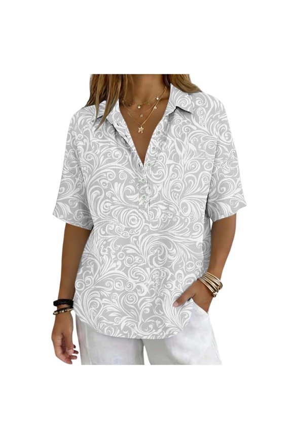 Women's Cotton Short Sleeve V Neck Button Down Blouse Casual Loose Fit with Abstract Swirl Print