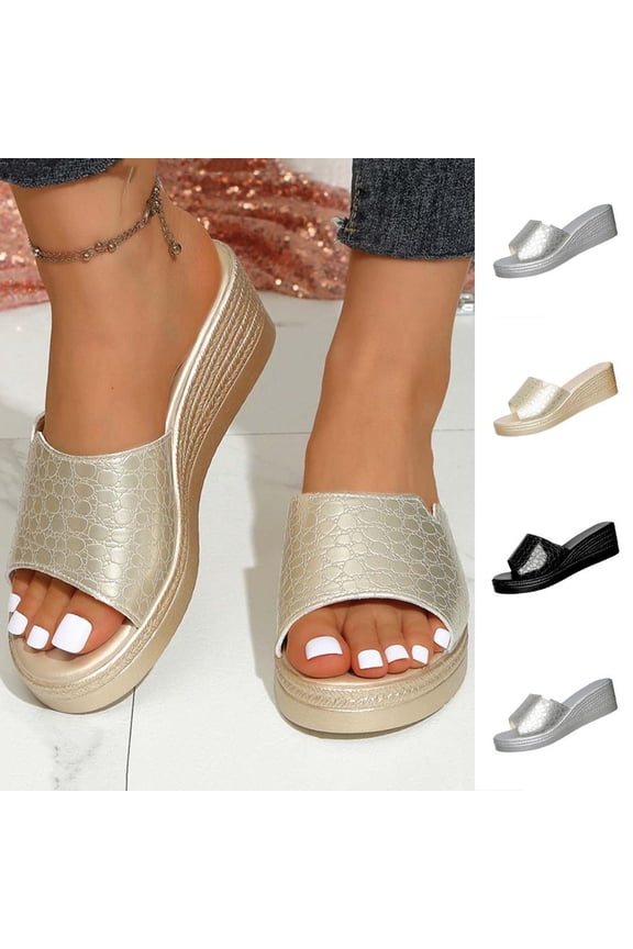 Women's Crocodile Embossed Wedge Slide Sandals Open Toe Summer Slip on Sandals