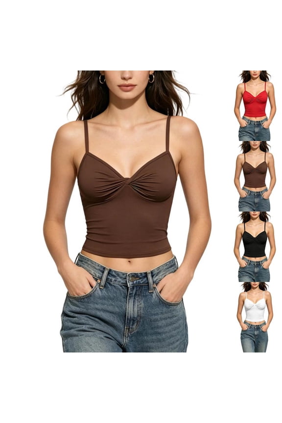 Women's Crop Tank Top with Built in Bra V Neck Ruched Cami Form Fitting Sleeveless Summer Top