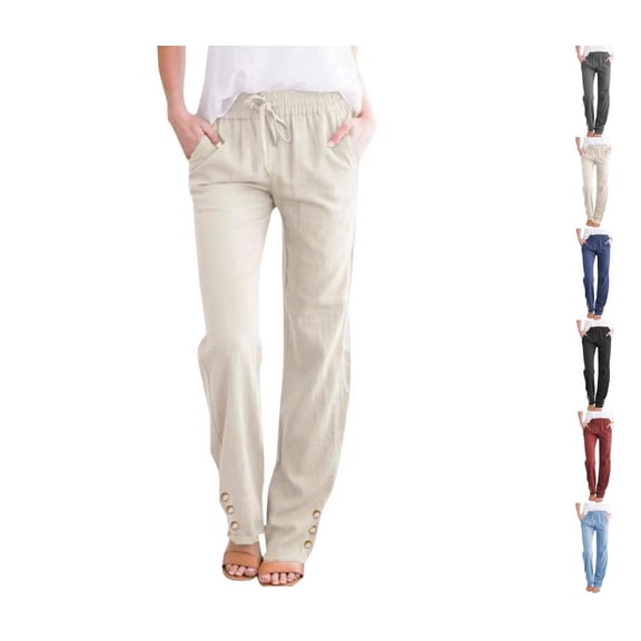 Bxsruta Women's Drawstring Pants Elastic Waist Loose Fit Casual Trousers with Pockets Button Hem
