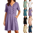 thumbnail image 1 of Bxsruta Women's Embroidered Short Sleeve V Neck Smock Dress Casual A Line Tunic with Pockets Cocktail Length Pull on Loose Fit for Summer Vacation Everyday Wear, 1 of 7