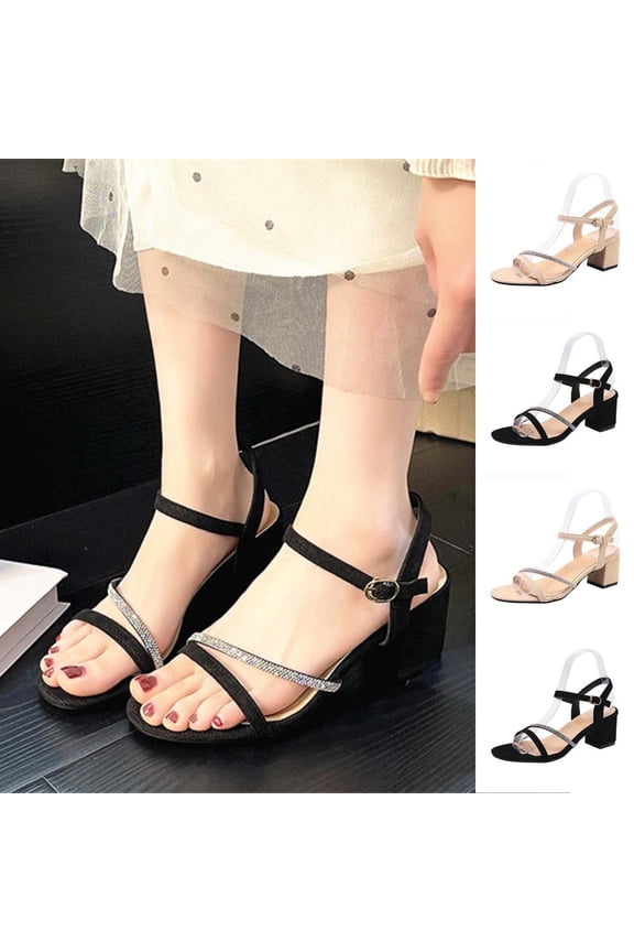 Women's Flock Block Heel Sandals with Rhinestone Ankle Strap Open Toe Casual Dress Shoes
