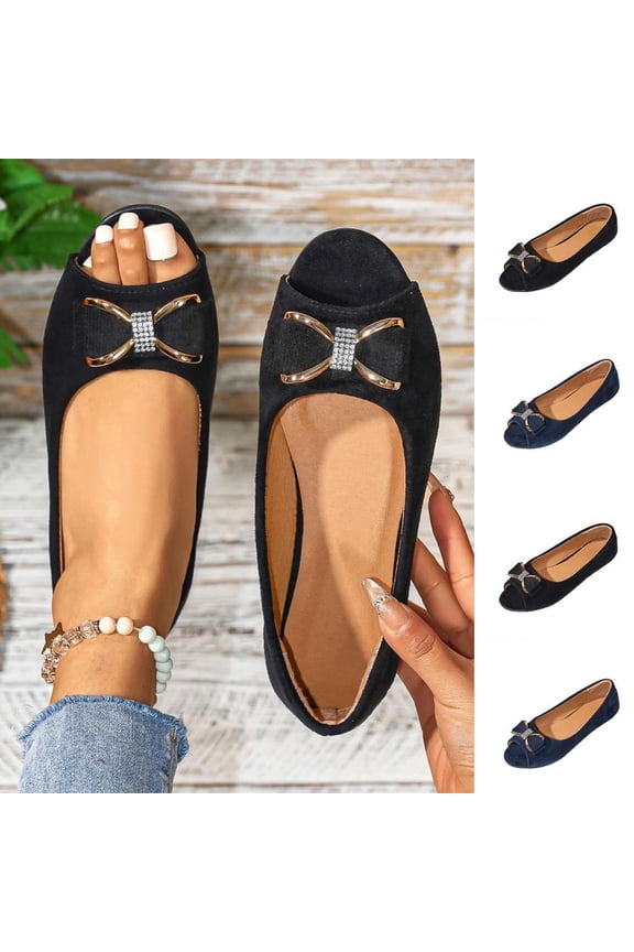 Women's Flock Peep Toe Flat Shoes with Bowknot and Rhinestone Decor
