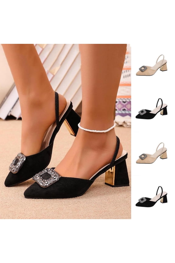 Women's Flock Slingback Block Heels with Rhinestone Square Buckle, Pointed Toe Elegant Dress Pumps