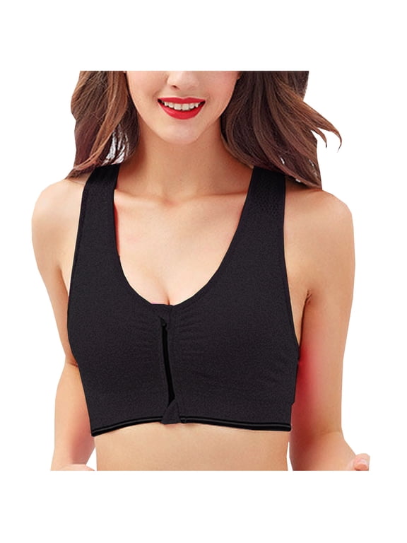 Bxsruta Women's Front Closure Sports Bra Seamless Wirefree Post Surgery Zipper Padded Racerback Workout Gym Yoga Bras Black S