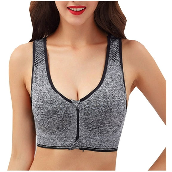 Bxsruta Women's Front Closure Sports Bra Seamless Wirefree Post Surgery Zipper Padded Racerback Workout Gym Yoga Bras Gray XL