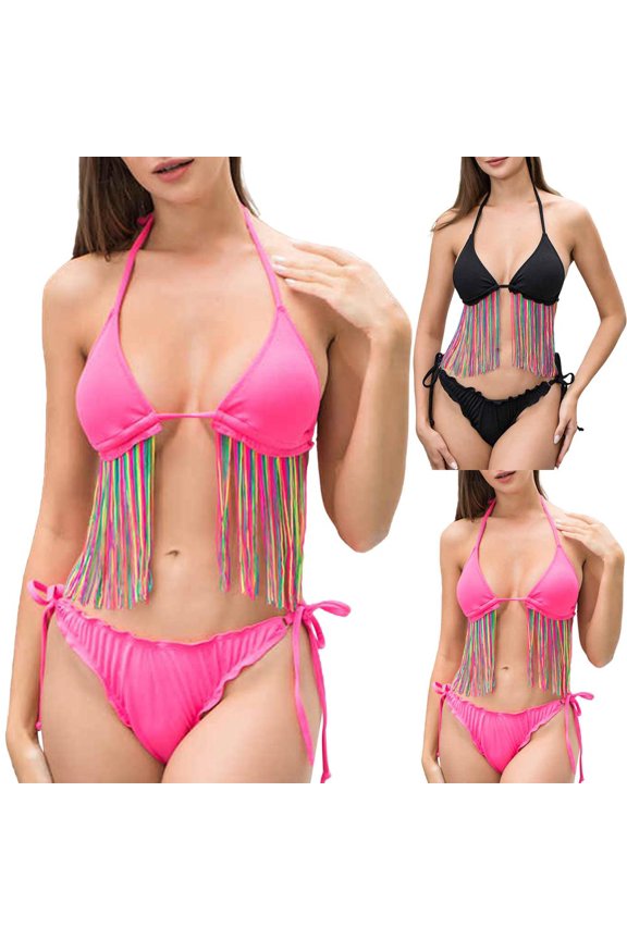 Women's High Waisted Fringe Bikini Set with Wirefree and Removable Pads