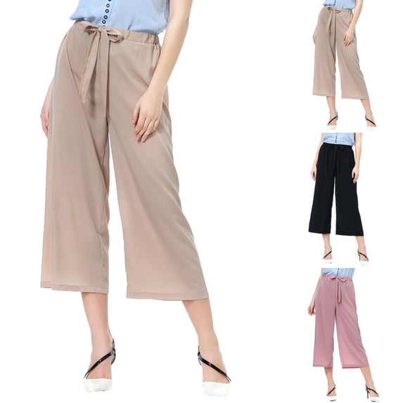 Bxsruta Women's High-Waisted Wide-Leg Pants with Elastic Drawstring Waistband, Soft Airy Fabric for Casual Everyday Comfort