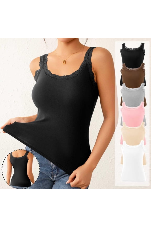 Women's Lace Trim Crew Neck Sleeveless Camisole Tank Top Soft Stretchy Nylon Elastane Layering Top