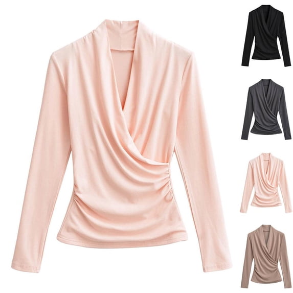 Bxsruta Women's Long Sleeve Wrap Top V Neck Ruched Blouse Slim Fit Workwear Shirt