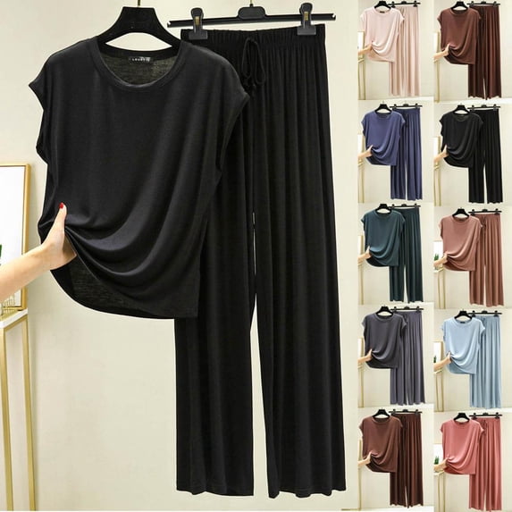 Bxsruta Women's Loose-Fit Pajama Set, Soft Nylon T-Shirt and Pants for Lounge, Sleepwear and Casual Home Wear