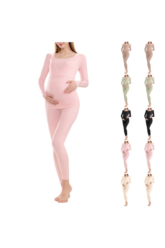 Women's Maternity Pajama Set, Long Sleeve Round Neck Warm Sleepwear, 100% Polyester Comfortable for Winter Spring Daily Lounge