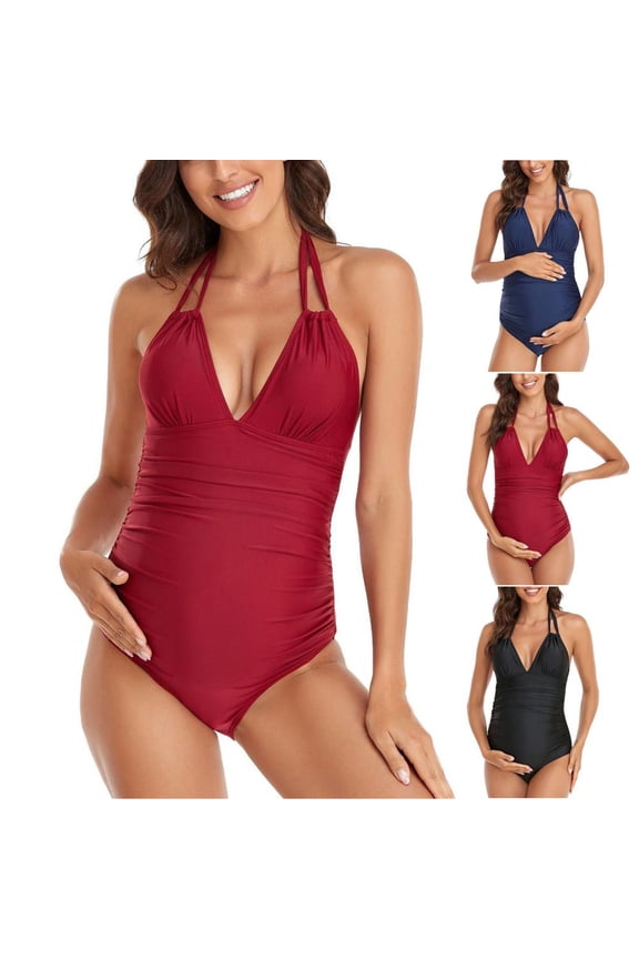 Women's Maternity V Neck One Piece Swimsuit Summer Tummy Control Bathing Suit with Soft Adjustable Straps Fold Backless Ruched Design