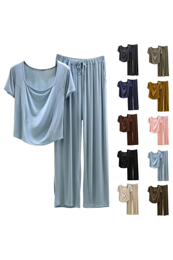 Women's Modal Pajama Set, Oversized Comfy Short Sleeve Top & Pants Lounge Set for Home, Sleepwear and Relaxation, Spring Summer Loungewear