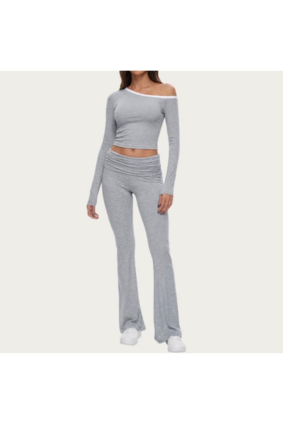Women's Off-Shoulder Lounge Set, Soft Long Sleeve Top and Low-Rise Pants for Casual Home Wear, 2-Piece Pajama Set