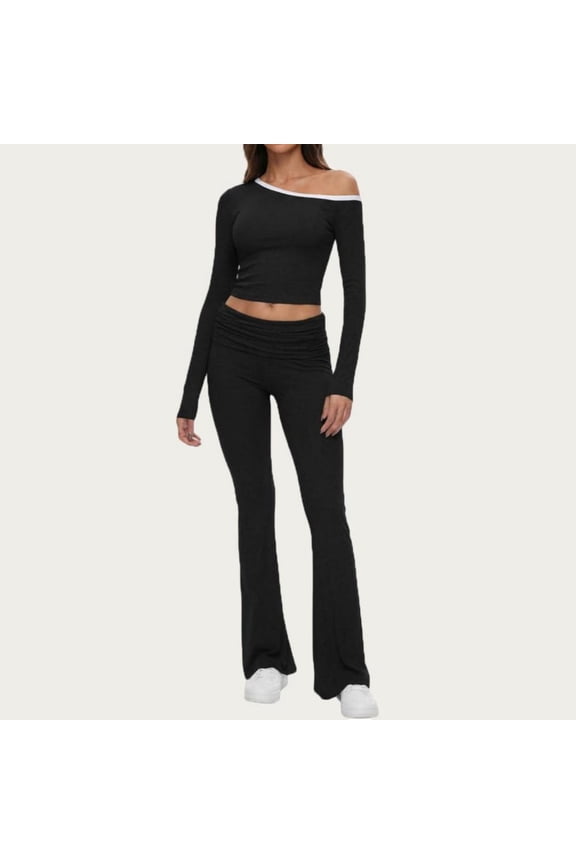 Women's Off-Shoulder Lounge Set, Soft Long Sleeve Top and Low-Rise Pants for Casual Home Wear, 2-Piece Pajama Set