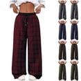 thumbnail image 1 of Bxsruta Women's Plaid Printed Elastic Waist Wide Leg Pants, Linen Blend for Casual Everyday Wear with Pockets, 1 of 8