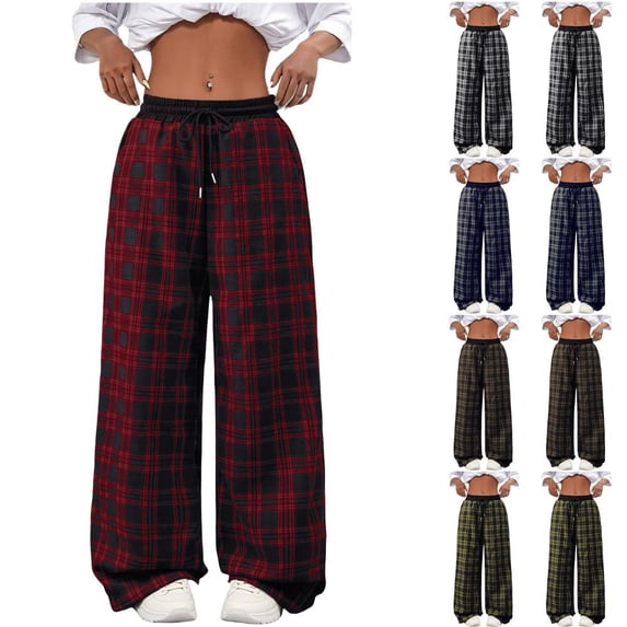 Bxsruta Women's Plaid Printed Elastic Waist Wide Leg Pants, Linen Blend for Casual Everyday Wear with Pockets