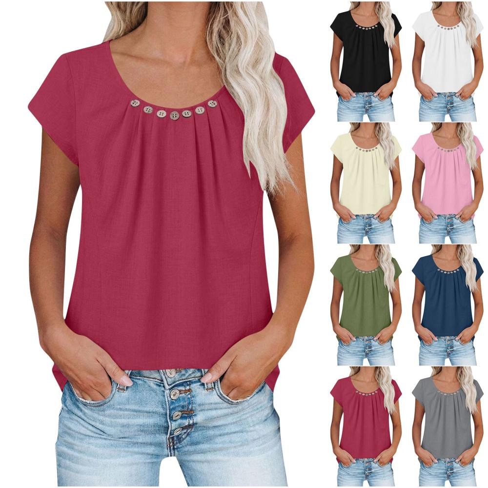 Bxsruta Women's Pleated Button Casual Short-Sleeve Round Neck Top for ...